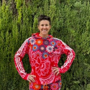FARM Rio x Adidas Vibrant Red Floral Hoodie Loose Fit
